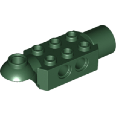 dark green technic brick modified 2 x 3 with pin holes rotation joint ball half horizontal and rotation joint socket