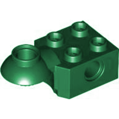 dark green technic brick modified 2 x 2 with pin hole and rotation joint ball half horizontal