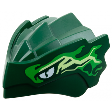 dark green dragon head ninjago with stepped top and pin hole on back with white eyes bright green and yellowish green energy markings pattern
