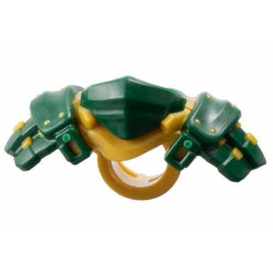 dark green minifigure armor shoulder pads and bandana with molded pearl gold rivets and scabbard for 2 katanas pattern