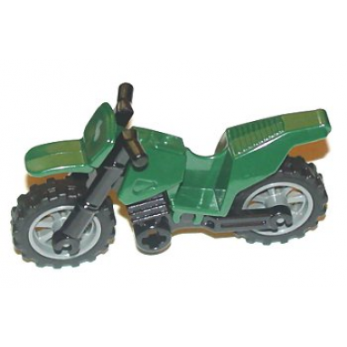 dark green motorcycle dirt bike with black chassis short fairing mounts and dark bluish gray wheels