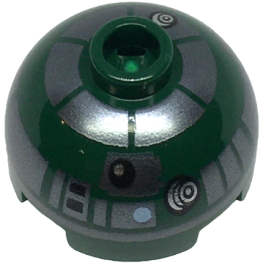 dark green brick round 2 x 2 dome top with sw astromech droid dark silver panels and band around dome bright light blue dot pattern