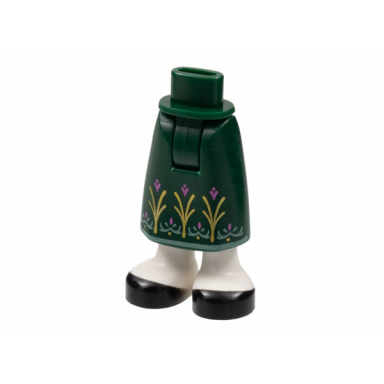 dark green mini doll hips and skirt long with molded white legs and printed gold and dark pink flowers sand green trim and black shoes pattern - thick hinge