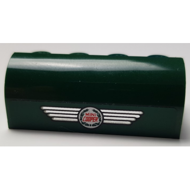 dark green slope curved 2 x 4 x 1 1 3 with 4 recessed studs with red silver and white mini cooper logo pattern sticker - set 10242