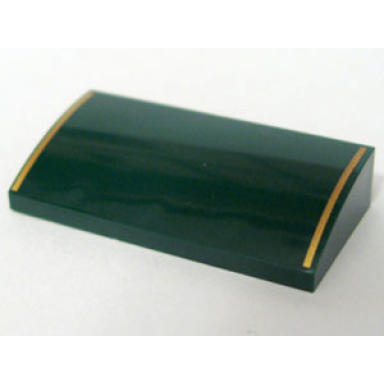 dark green slope curved 2 x 4 x 2 3 without bottom tubes with 2 gold stripes pattern