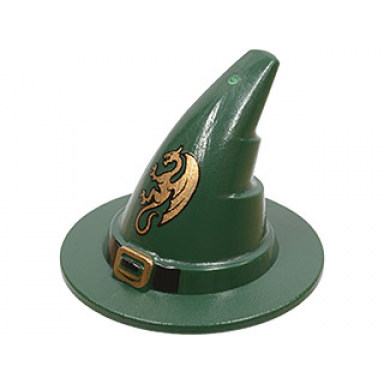 dark green minifigure headgear hat wizard witch with black buckle and gold dragon pattern