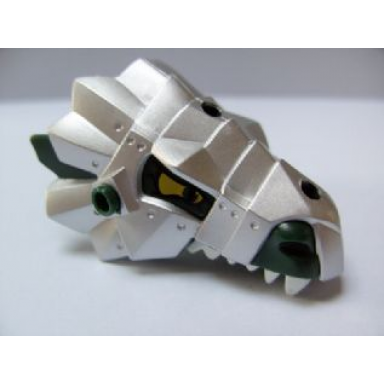 dark green dragon head fantasy era jaw upper with metallic silver armor and yellow eyes pattern