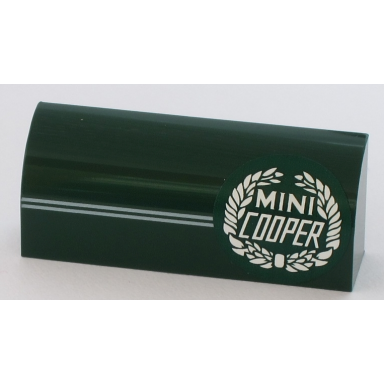 dark green slope curved 1 x 4 x 1 1 3 with 2 thin white stripes and mini cooper logo pattern model left side sticker - set 10242