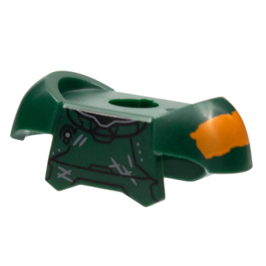 dark green minifigure armor breastplate with shoulder pads and 2 back studs with black panels lines dark bluish gray scuffs and orange splotch on left pattern