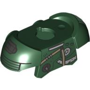 dark green minifigure armor breastplate with shoulder pads and 2 back studs with silver and sand green panels dark tan straps and dark silver tube pattern