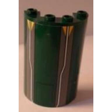 dark green cylinder half 2 x 4 x 5 with 1 x 2 cutout with hatches white lines and yellow triangles pattern sticker - set 7930