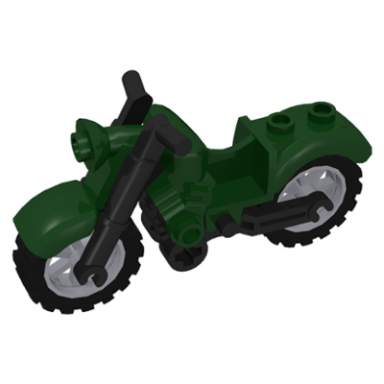 dark green motorcycle vintage with black chassis and light bluish gray wheels