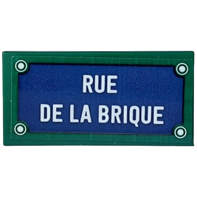 dark green tile 2 x 4 with dark blue sign 4 white rivets and rue de la brique pattern sticker - set 910032