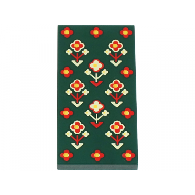 dark green tile 2 x 4 with red tan and yellow geometric flowers pattern