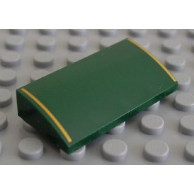 dark green slope curved 2 x 4 x 2 3 with bottom tubes with 2 gold stripes pattern