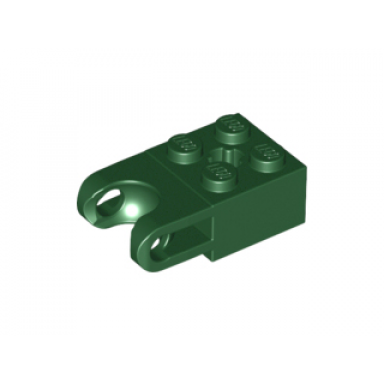 dark green technic brick modified 2 x 2 with ball socket and axle hole - straight forks with round ends and open sides
