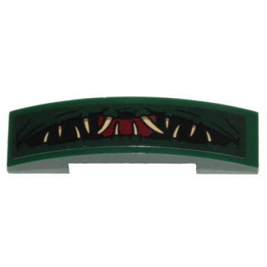 dark green slope curved 4 x 1 x 2 3 double with black mouth red tongue and tan teeth pattern sticker - set 76207