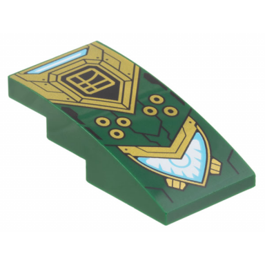 dark green slope curved 4 x 2 with black and gold armor circles ninjago logogram letter l in square and medium azure and white headlight pattern