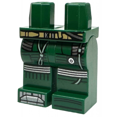 dark green hips and legs with dark tan belt dark silver tube armor knee pads and prosthetic right leg sand green trim pattern