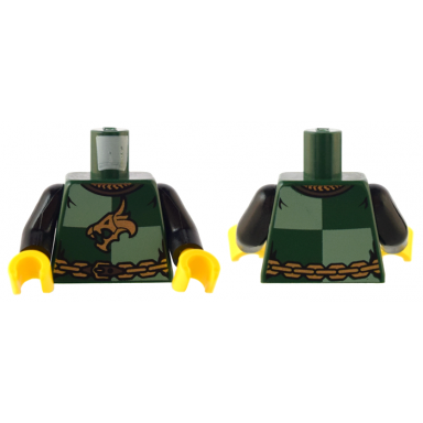 dark green torso castle kingdoms gold dragon head and chain belt on sand green and dark green quarters pattern black arms yellow hands