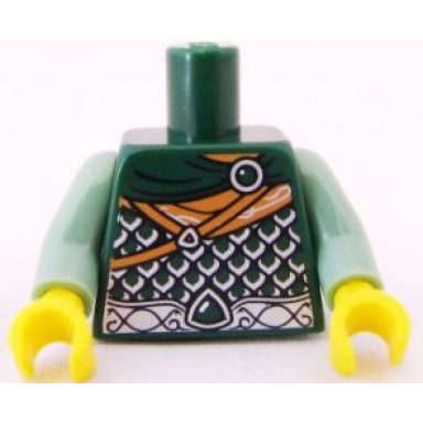dark green torso silver scale mail armor cape medium nougat straps and scarf thick belt with jewel and filigree pattern sand green arms yellow hands