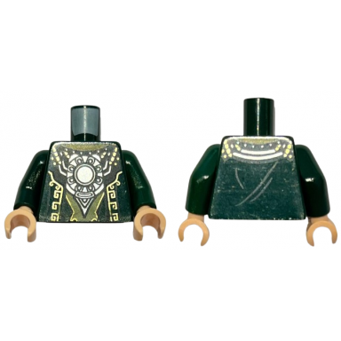 dark green torso asian robe with gold stitchery and round silver pendant pattern dark green arms light nougat hands