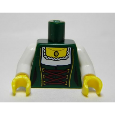 dark green torso female laced corset with white blouse and gold pendant pattern white arms yellow hands