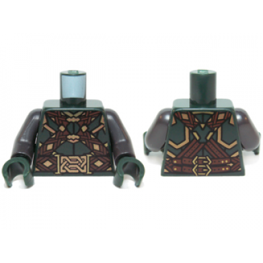 dark green torso lotr armor with dark brown and gold woven straps and belt and large gold buckle pattern pearl dark gray arms dark green hands