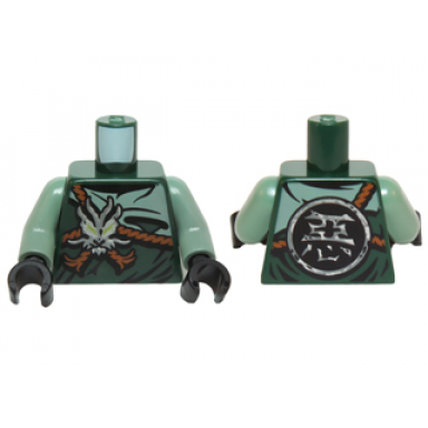 dark green torso ninjago dark orange straps silver morro symbol and round emblem with chinese logogram æª evil pattern sand green arms black hands
