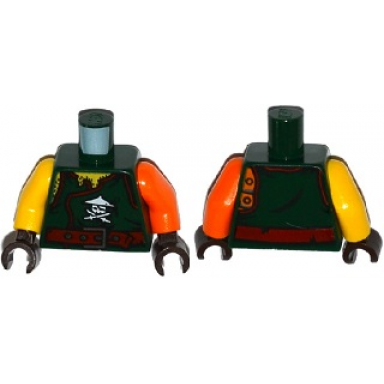 dark green torso ninjago robe with ninja skull with crossed swords chest hair and dark red belt pattern orange arm left yellow arm right dark brown hands