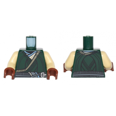 dark green torso wrapped vest over tan and medium blue shirt dark bluish gray tied belt pattern tan arms reddish brown hands