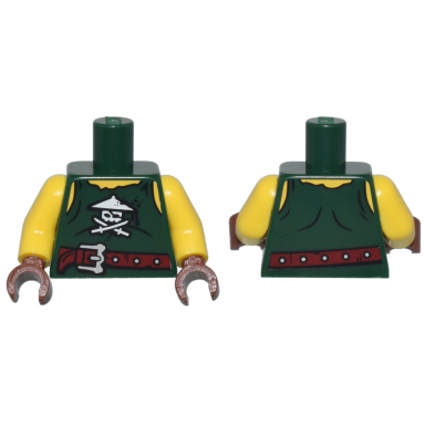 dark green torso tank top tattered with white ninja skull with crossed swords dark red belt with silver buckle yellow shoulders and neck pattern yellow arms reddish brown hands
