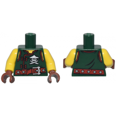 dark green torso ninjago vest with red clasps ninja skull with crossed swords and red belt with silver buckle pattern yellow arms reddish brown hands
