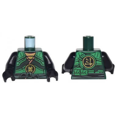 dark green torso ninjago armor with green straps and black sash with golden dragon emblem pattern black arms black hands