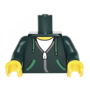dark green torso hoodie with green ties and pockets silver zipper over white shirt pattern dark green arms with green cuffs pattern yellow hands