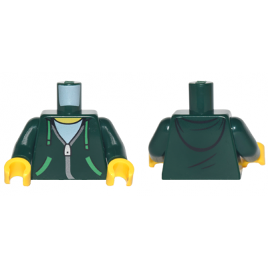 dark green torso hoodie with green ties and pockets silver zipper over white shirt and hood on back pattern dark green arms yellow hands