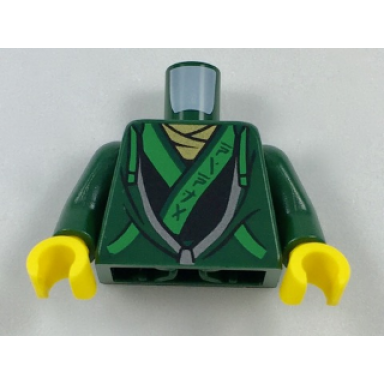 dark green torso hoodie with bright green ties and trim over ninjago robe with ninjago logogram ninja pattern dark green arms yellow hands