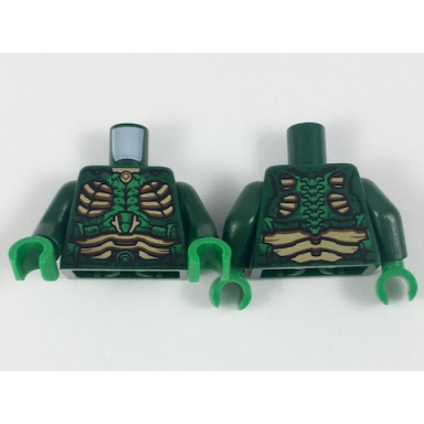 dark green torso parademon armor with green highlights and tan scale panels pattern dark green arms green hands