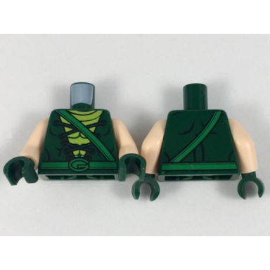dark green torso tunic with laces over lime shirt green belts with g buckle pattern light nougat arms dark green hands