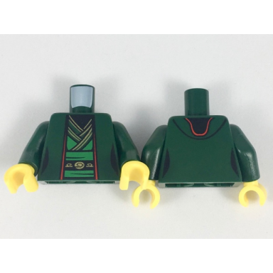 dark green torso ninjago female robe over bright green tunic with sash and black and gold trim pattern dark green arms yellow hands