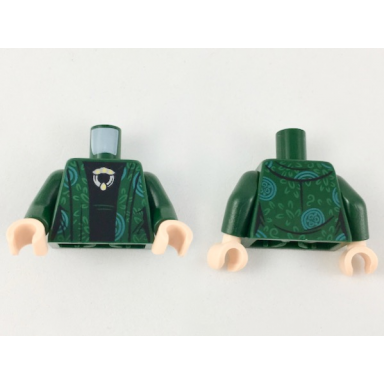 dark green torso female robe with green and bright light blue design black shirt with silver and gold broach pattern dark green arms light nougat hands