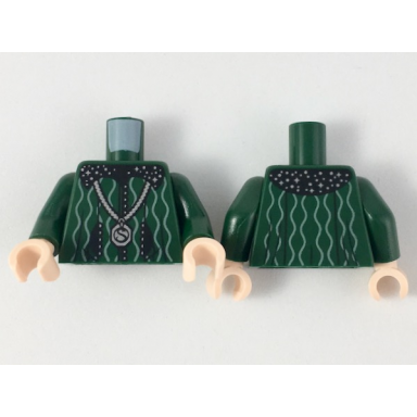 dark green torso black collar with silver stars white curvy lines silver locket with s pattern dark green arms light nougat hands