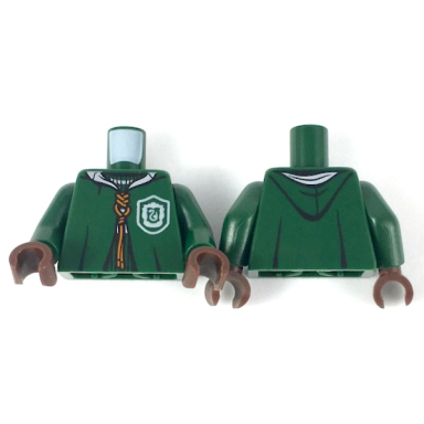 dark green torso hooded robe over sweater white collar dark orange laces slytherin logo pattern dark green arms dark brown hands
