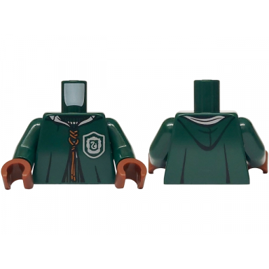 dark green torso hooded robe over sweater white collar dark orange laces slytherin logo pattern dark green arms reddish brown hands