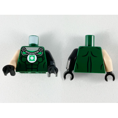 dark green torso muscles outline green lantern logo silver chain pattern black arm left with silver cuff pattern light nougat arm right black hands