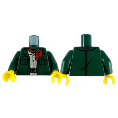 dark green torso jacket open with pockets over tan shirt with buttons red neckerchief black belt with silver buckle pattern dark green arms yellow hands