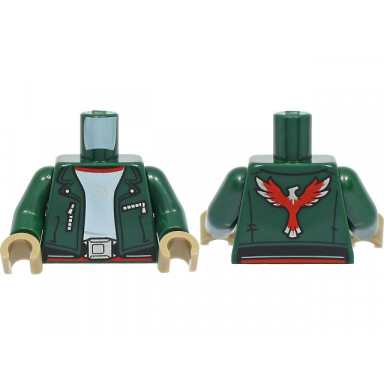 dark green torso jacket with silver necklace buckle and zippers red phoenix firebird logo on back pattern dark green arms dark tan hands