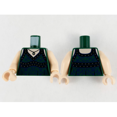 dark green torso female dress silver pendant black straps hems and dark blue filigree pattern light nougat arms light nougat hands