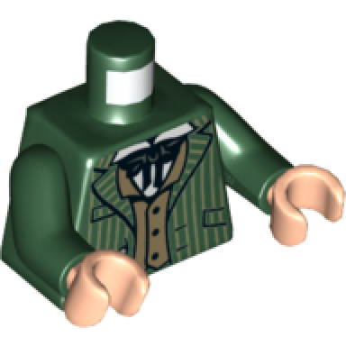 dark green torso jacket over dark tan vest white shirt and black lacing pattern dark green arms light nougat hands