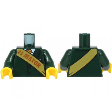 dark green torso suit jacket with tie and white shirt and gold sash with dark orange 1 mayor pattern dark green arms yellow hands